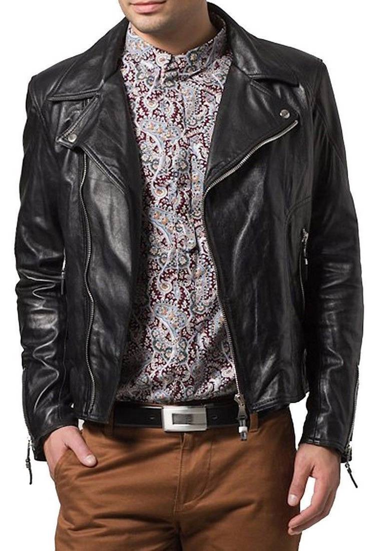Men's genuine lambskin leather motorcycle slim fit designer men biker jacket-l136