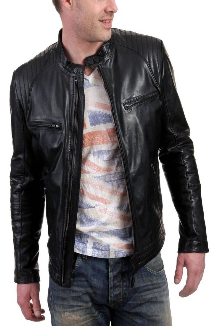 Men's black genuine lambskin leather motorcycle jacket slim fit designer men biker jacket-l137