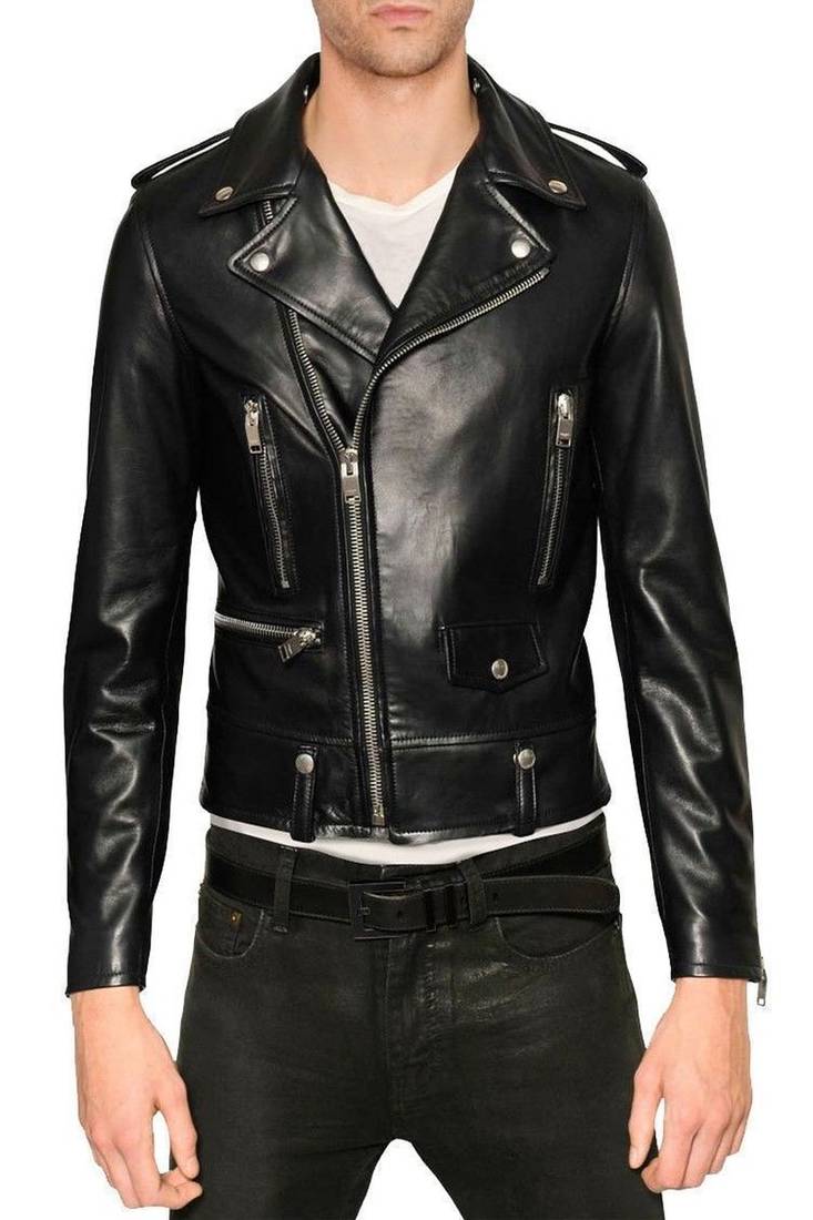 Men's black genuine lambskin leather motorcycle jacket slim fit designer men biker jacket-l138