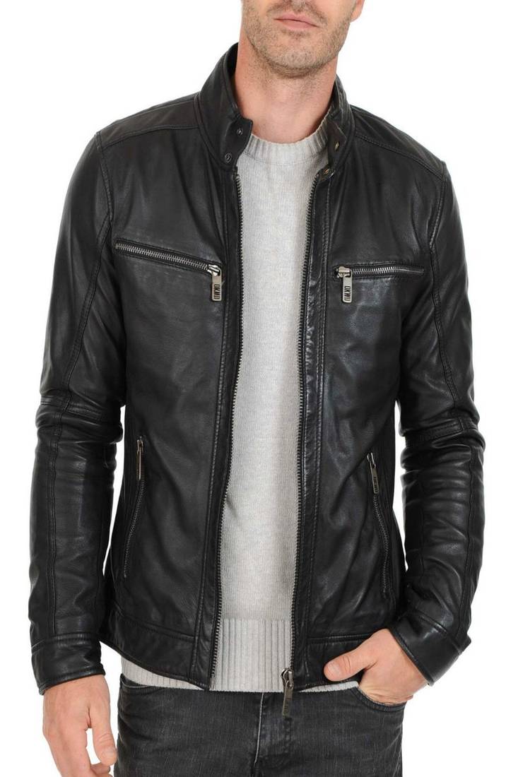 Men's black genuine lambskin leather motorcycle jacket slim fit designer men biker jacket-l139