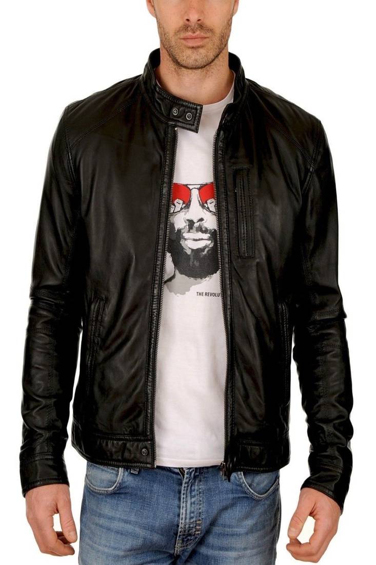 Men's black genuine lambskin leather motorcycle jacket slim fit designer men biker jacket-l140