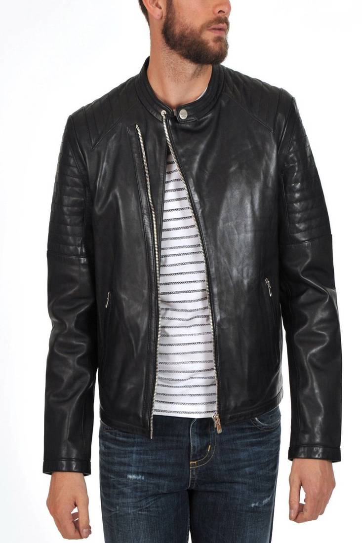 Men's black genuine lambskin leather motorcycle jacket slim fit designer men biker jacket-l142
