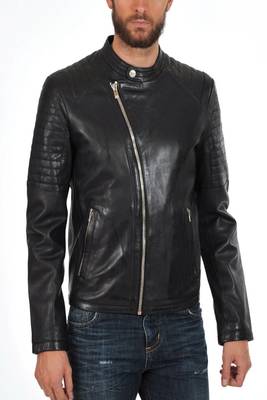 men's black lambskin leather biker jacket classic moto zip style superior 2