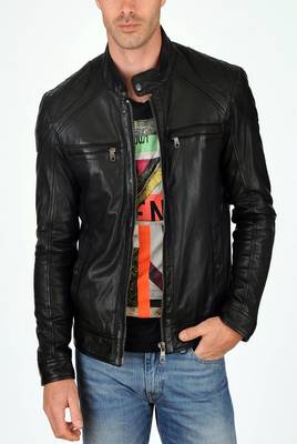 men's black lambskin leather biker jacket classic moto zip style refined 1