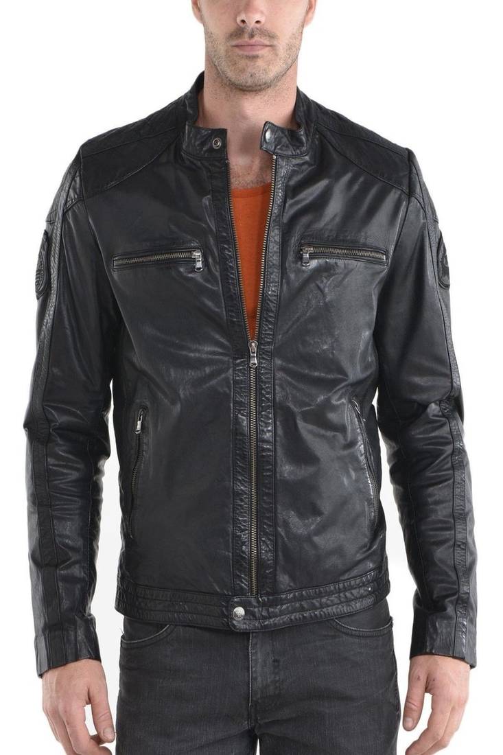 Men's black genuine lambskin leather motorcycle jacket slim fit designer men biker jacket-l144
