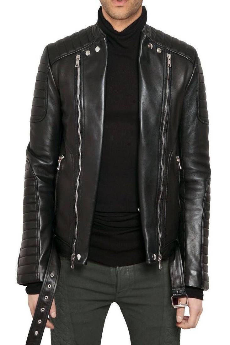 Men's black genuine lambskin leather motorcycle jacket slim fit designer men biker jacket-l146