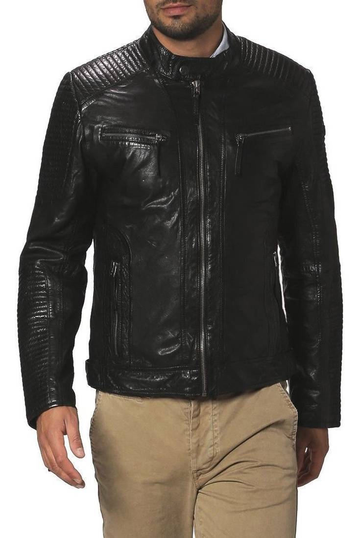 Men's black genuine lambskin leather motorcycle jacket slim fit designer men biker jacket-l148