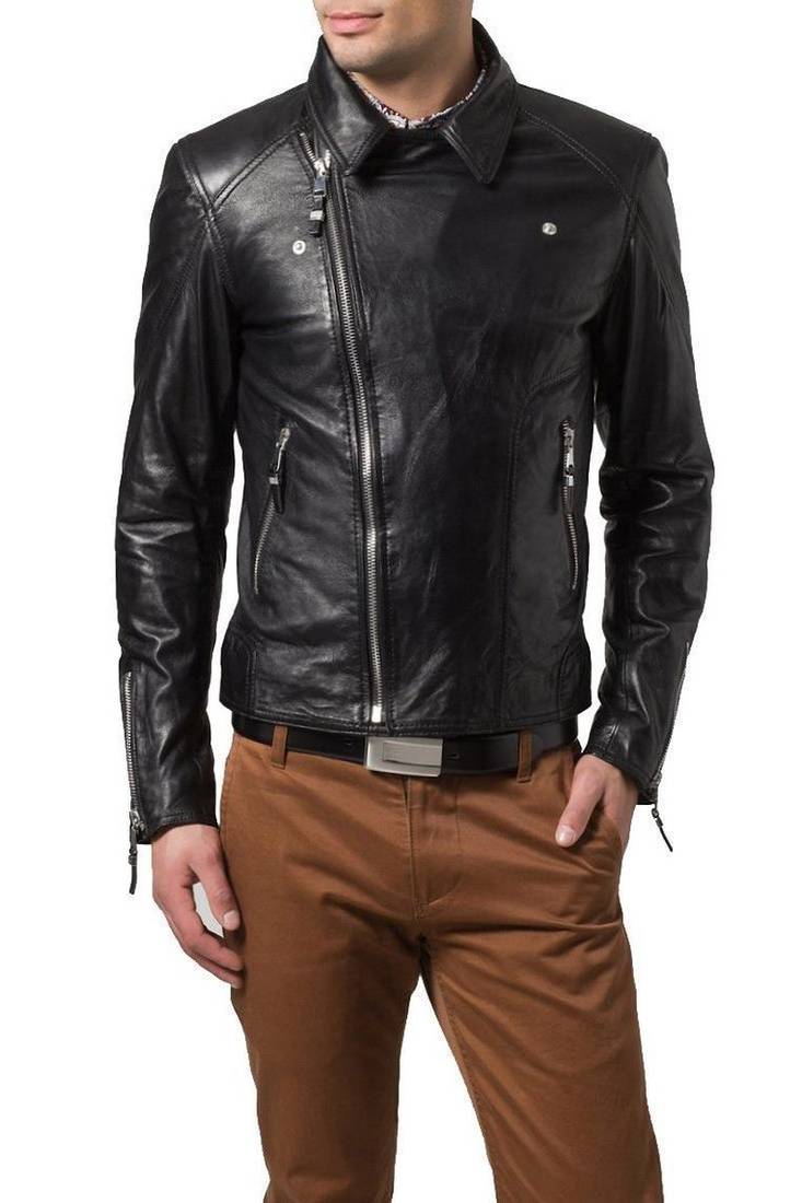 Men's black genuine lambskin leather motorcycle jacket slim fit designer men biker jacket-l149