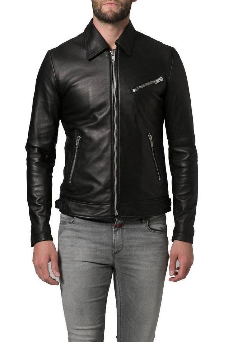 Men's black genuine lambskin leather motorcycle jacket slim fit designer men biker jacket-l150
