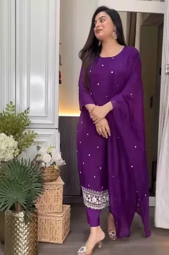 Purple embroidered viscose chinnon silk stitched kurta pant dupatta set