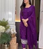 Purple embroidered viscose chinnon silk stitched kurta pant dupatta set