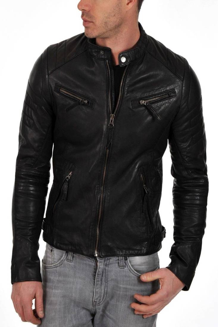 Men's black genuine lambskin leather motorcycle jacket slim fit designer men biker jacket-l152