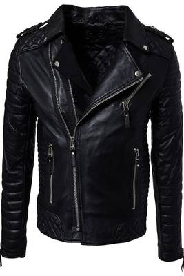 men's black lambskin leather biker jacket classic moto zip style select 1
