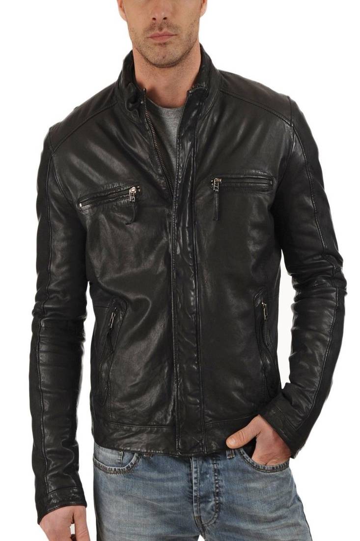 Men's black genuine lambskin leather motorcycle jacket slim fit designer men biker jacket-l155