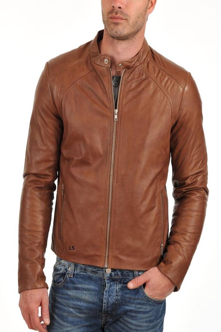 Men's brown genuine lambskin leather motorcycle jacket slim fit designer men biker jacket-l158