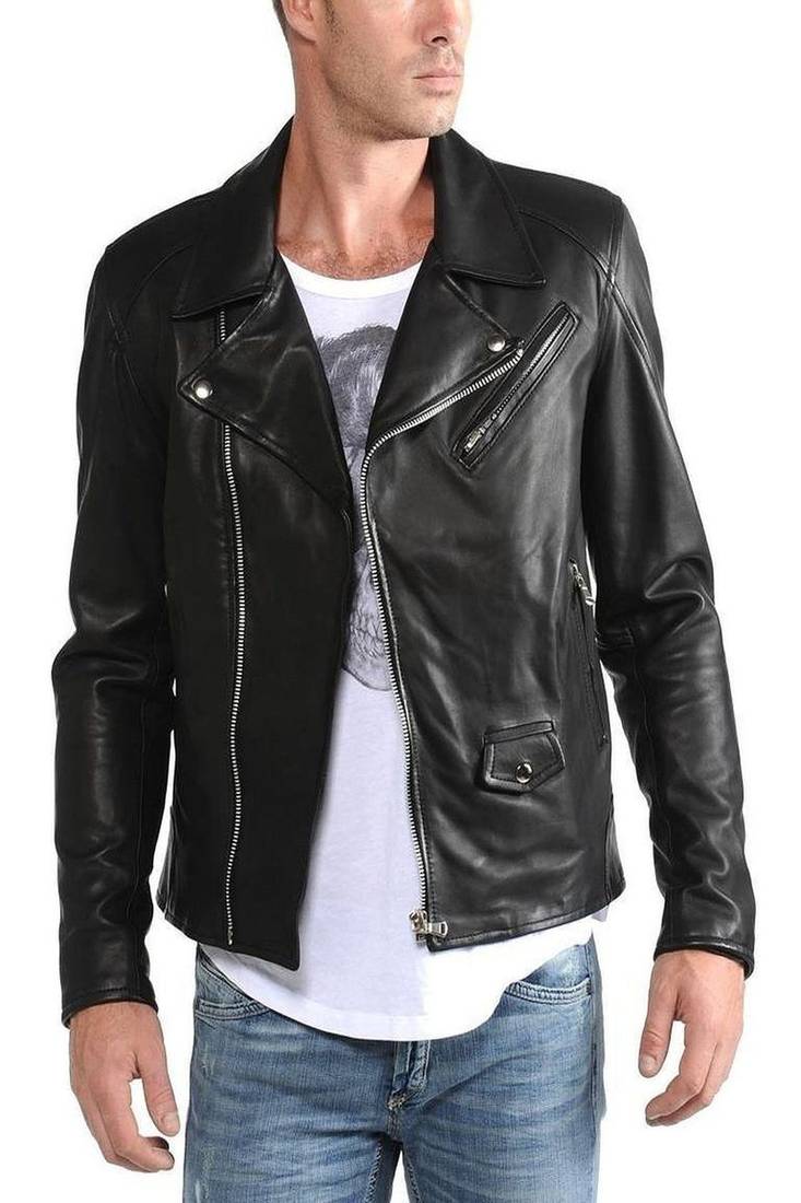 Men's black genuine lambskin leather motorcycle jacket slim fit designer men biker jacket-l161