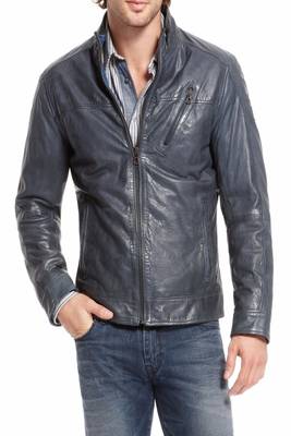 men's navy blue lambskin leather biker jacket classic moto zip 1