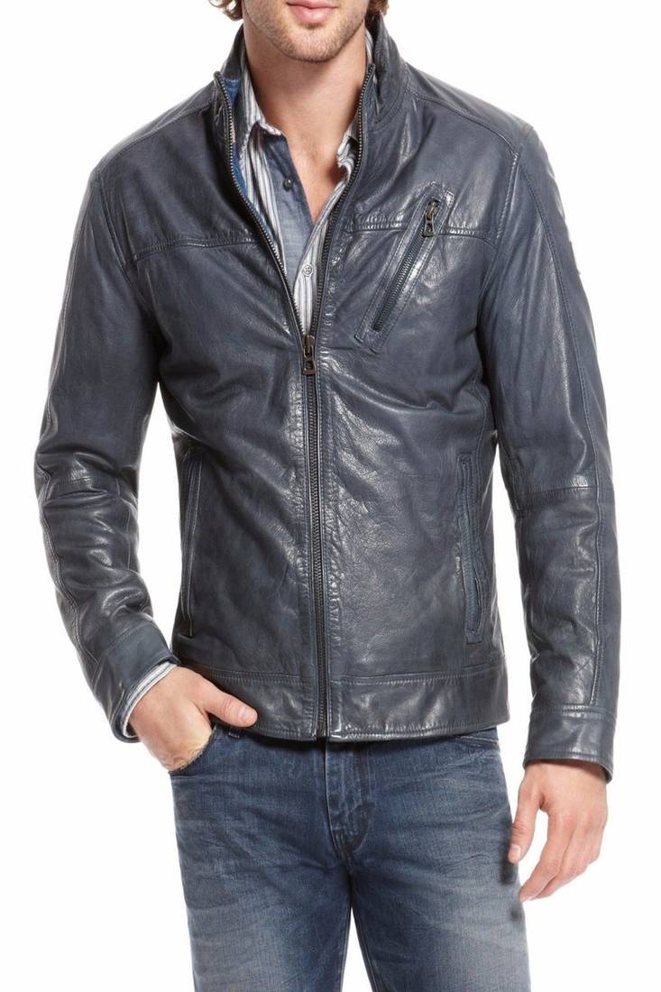 Men's navy blue genuine lambskin leather motorcycle jacket slim fit designer men biker jacket-l164