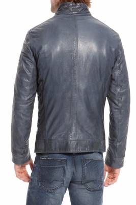 men's navy blue lambskin leather biker jacket classic moto zip 2