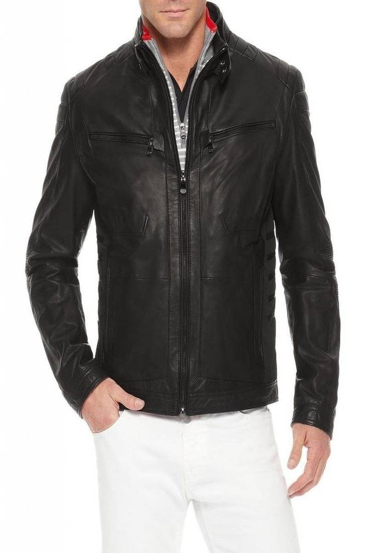 Men's black genuine lambskin leather motorcycle jacket slim fit designer men biker jacket-l166