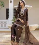Embroidered japan satin stitched kurta set with dupatta & patiyala pant