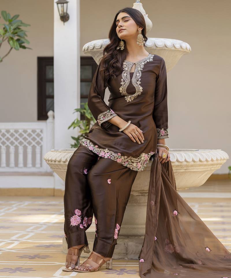 Embroidered japan satin stitched kurta set with dupatta & patiyala pant