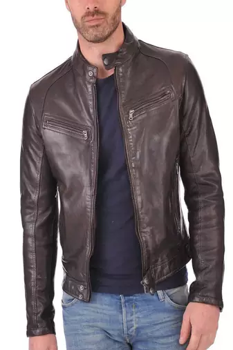 Men's brown genuine lambskin leather motorcycle jacket slim fit designer men biker jacket-l171