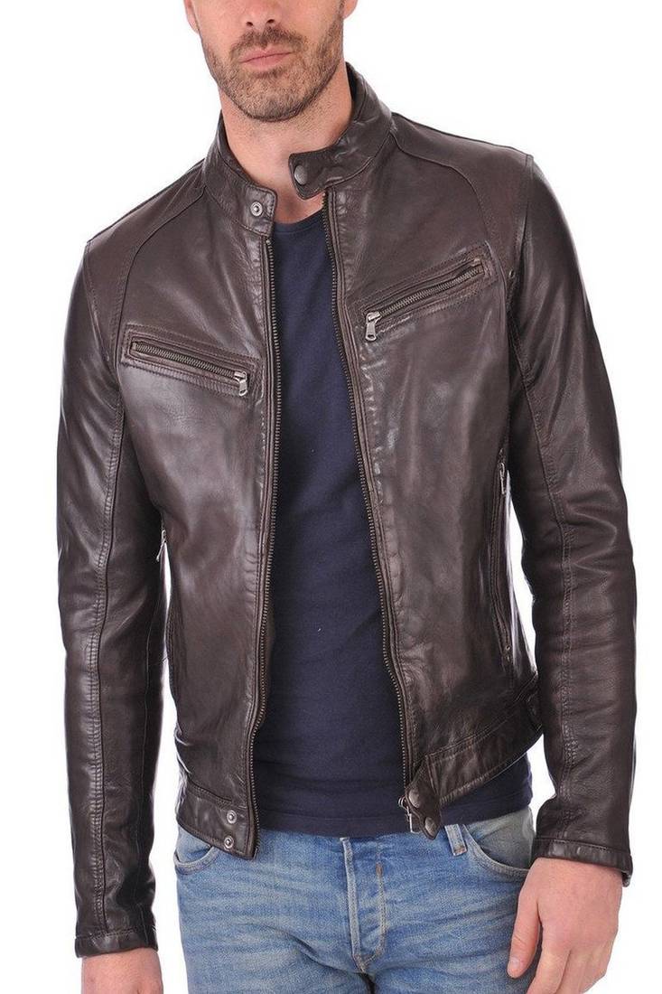 Men's brown genuine lambskin leather motorcycle jacket slim fit designer men biker jacket-l171