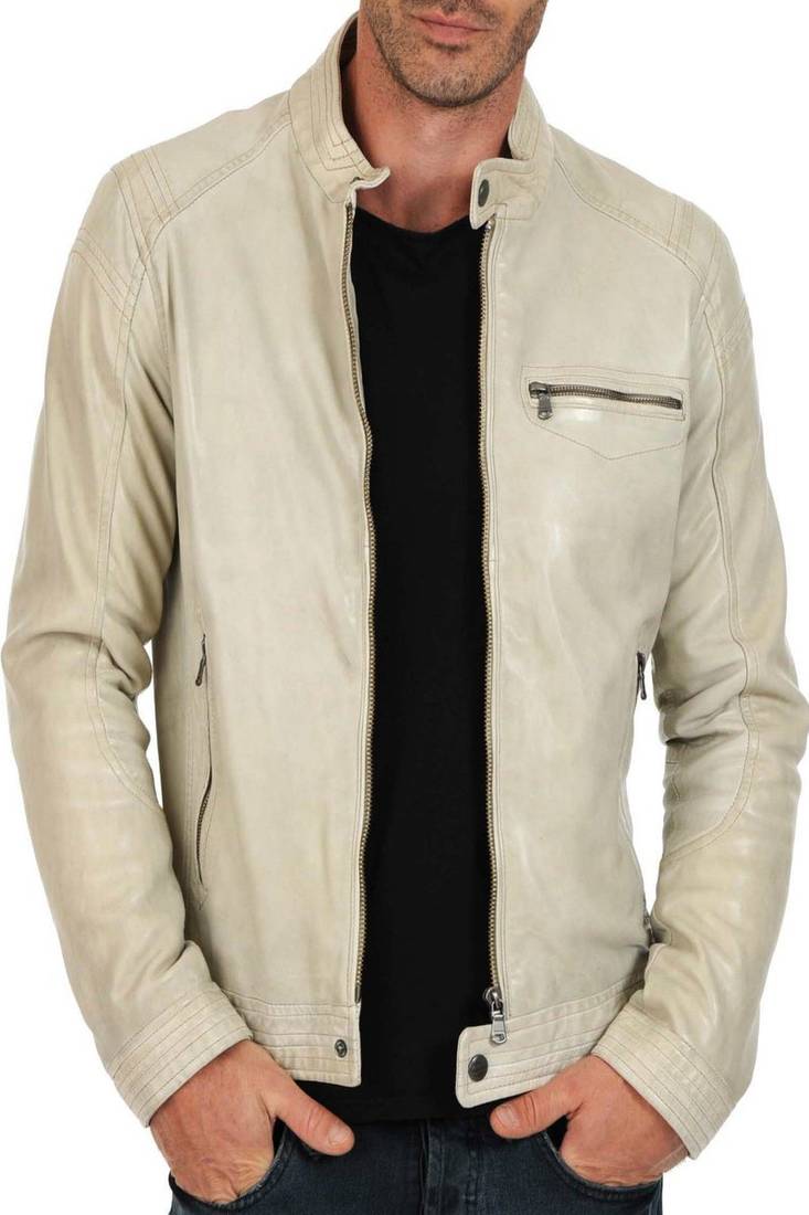Men's beige  genuine lambskin leather motorcycle jacket slim fit designer men biker jacket-l172