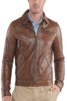 men's brown lambskin leather biker jacket classic moto zip style authentic 1