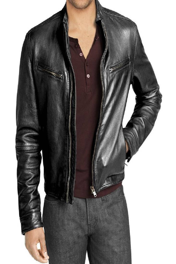 Men's brown genuine lambskin leather motorcycle jacket slim fit designer men biker jacket-l174