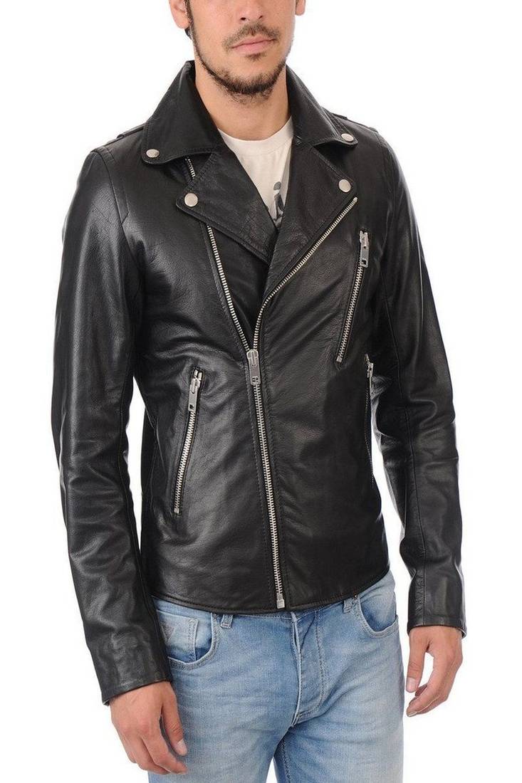 Men's black genuine lambskin leather motorcycle jacket slim fit designer men biker jacket-l175
