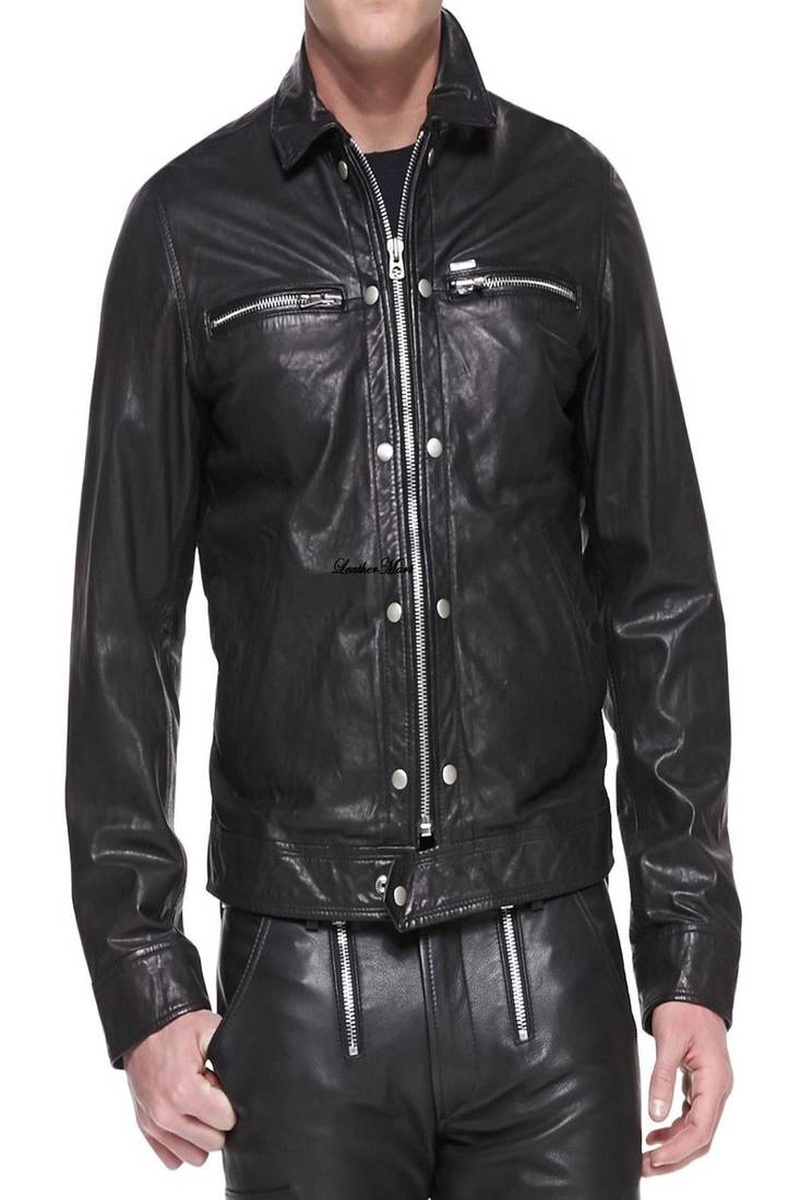 Men's black genuine lambskin leather motorcycle jacket slim fit designer men biker jacket-l176
