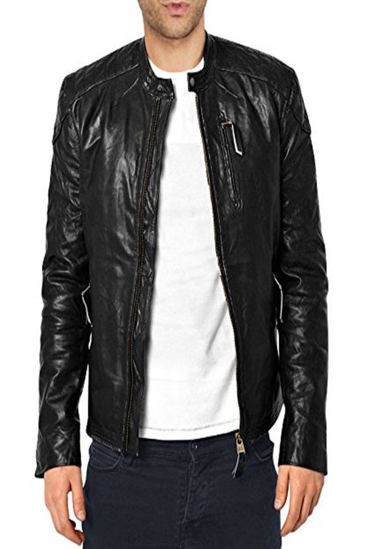 Men's black genuine lambskin leather motorcycle jacket slim fit designer men biker jacket-l178