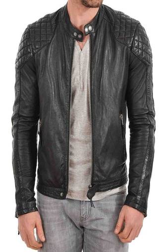 Men's black genuine lambskin leather motorcycle jacket slim fit designer men biker jacket-l180