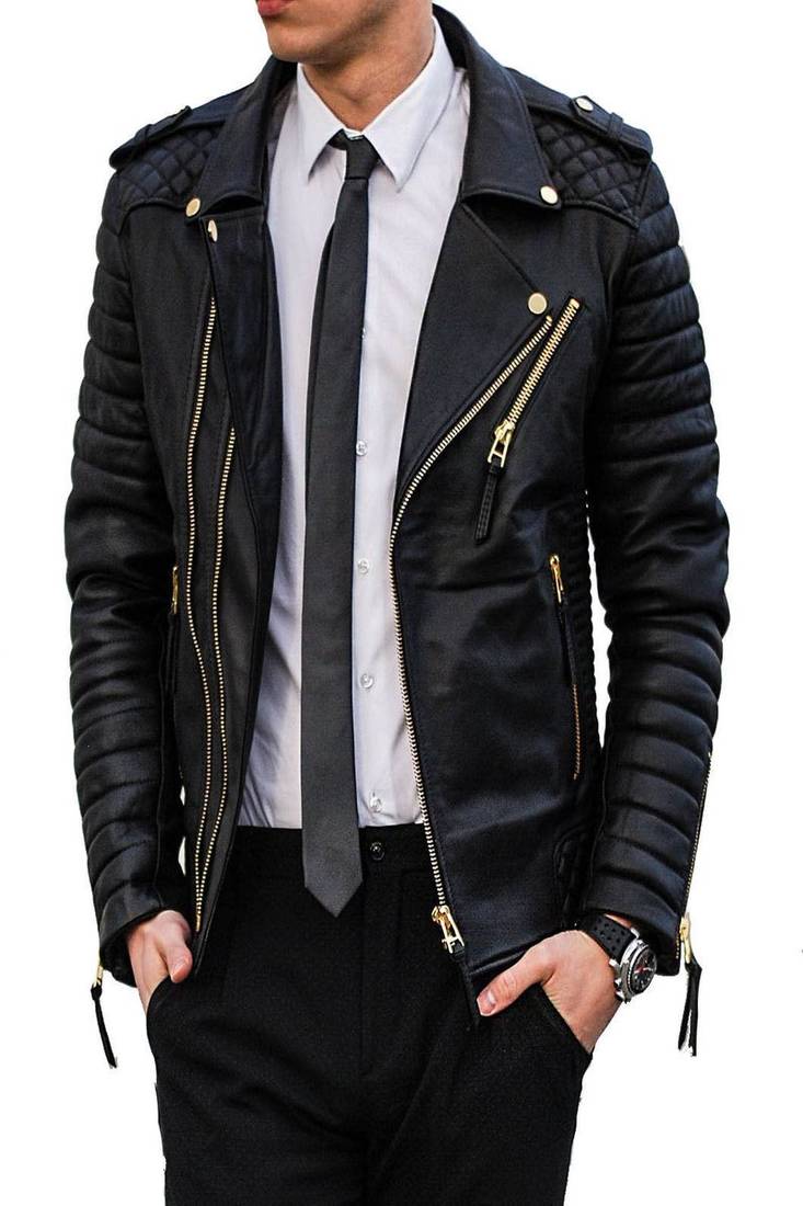 Men's black genuine lambskin leather motorcycle jacket slim fit designer men biker jacket-l181