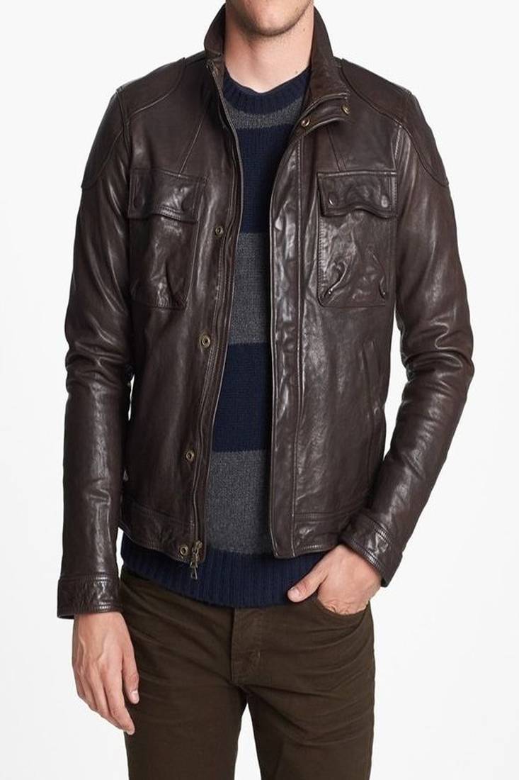 Men's brown genuine lambskin leather motorcycle jacket slim fit designer men biker jacket-l182