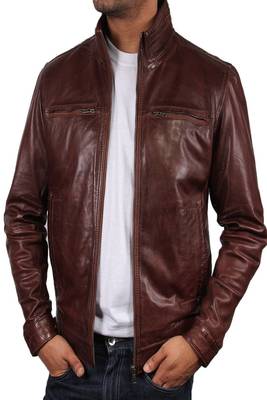 men's brown lambskin leather biker jacket classic moto zip style refined 1