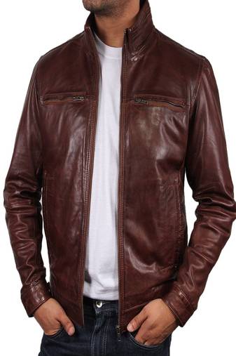 Men's brown genuine lambskin leather motorcycle jacket slim fit designer men biker jacket-l183