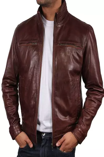 men's brown lambskin leather biker jacket classic moto zip style refined