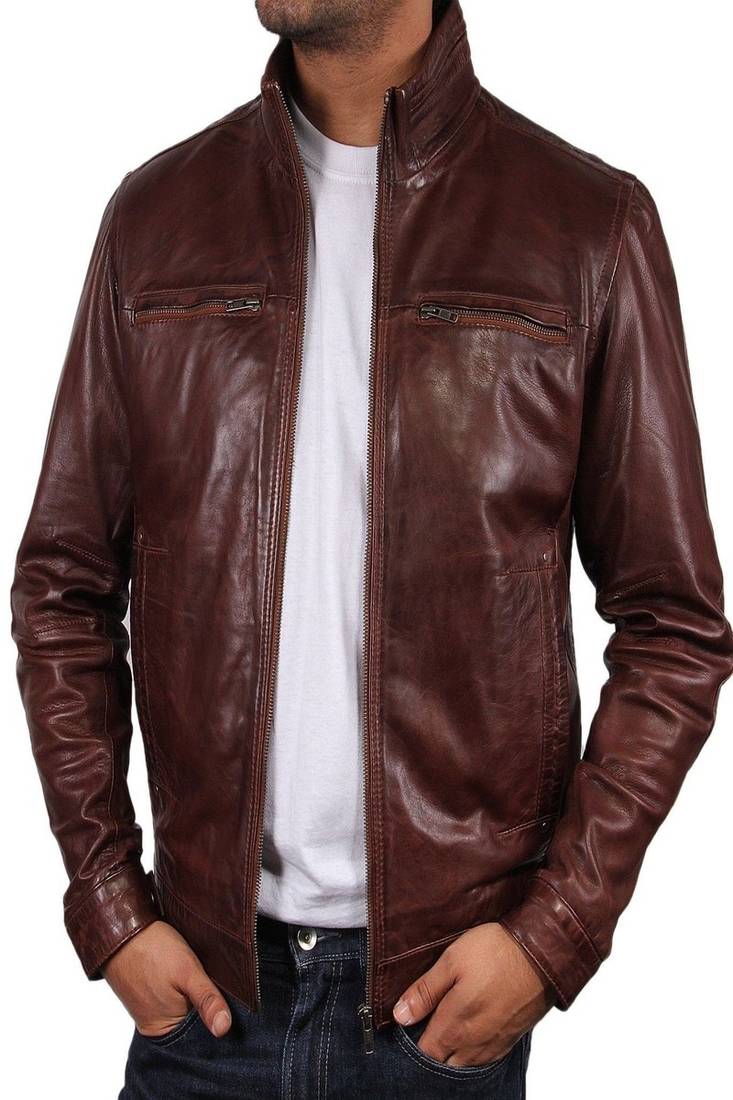 Men's brown genuine lambskin leather motorcycle jacket slim fit designer men biker jacket-l183