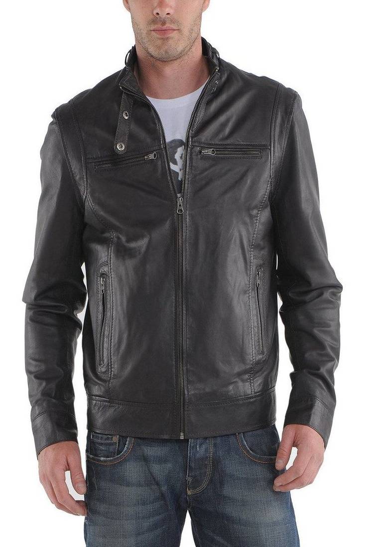 Men's black genuine lambskin leather motorcycle jacket slim fit designer men biker jacket-l184