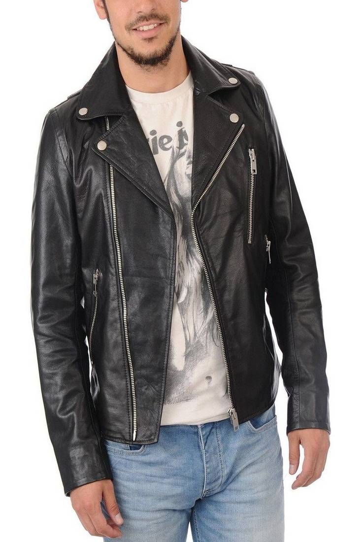 Men's black genuine lambskin leather motorcycle jacket slim fit designer men biker jacket-l186