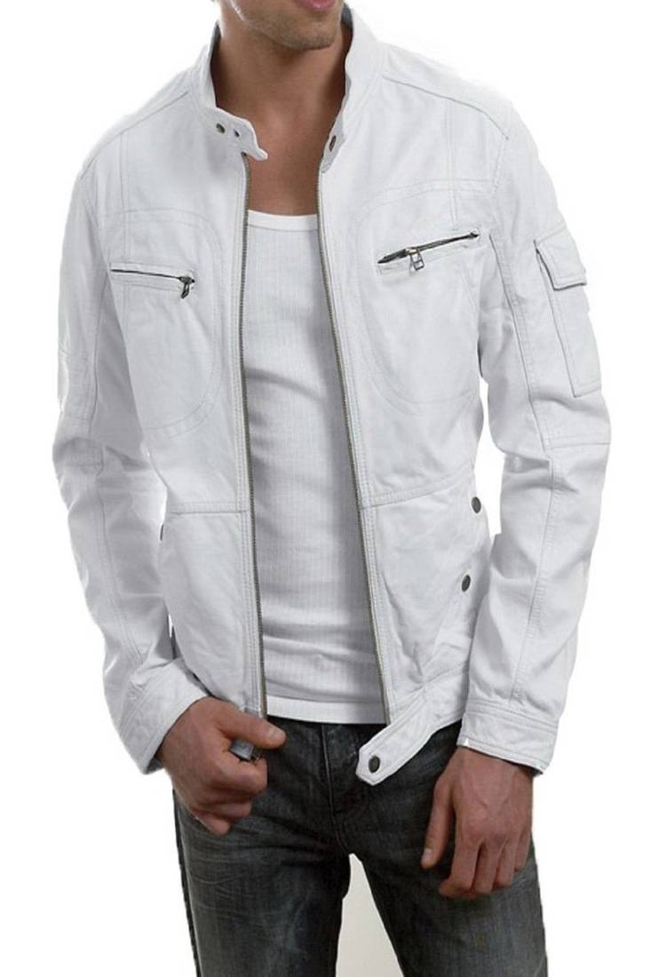 Men's white genuine lambskin leather motorcycle jacket slim fit designer men biker jacket-l189