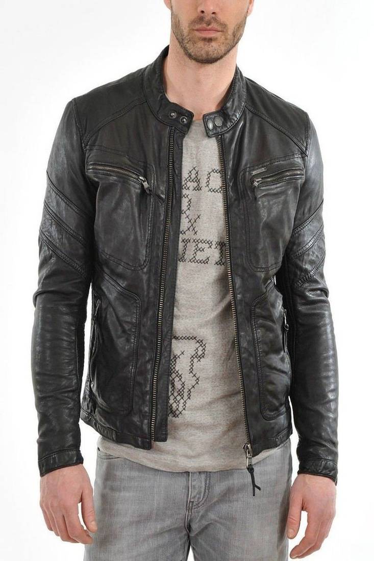 Men's black genuine lambskin leather motorcycle jacket slim fit designer men biker jacket-l190