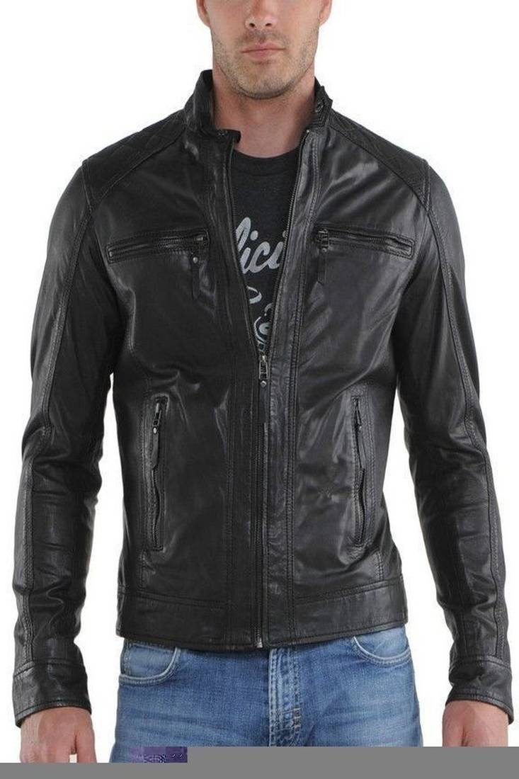 Men's black genuine lambskin leather motorcycle jacket slim fit designer men biker jacket-l191