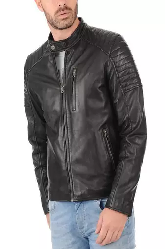 men's black lambskin leather biker jacket classic moto zip style premium distinctive