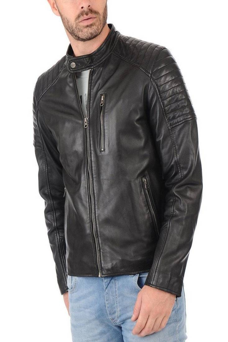 Men's black genuine lambskin leather motorcycle jacket slim fit designer men biker jacket-l192