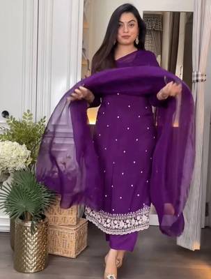 Purple embroidered viscose chinnon silk stitched kurta pant dupatta set 3