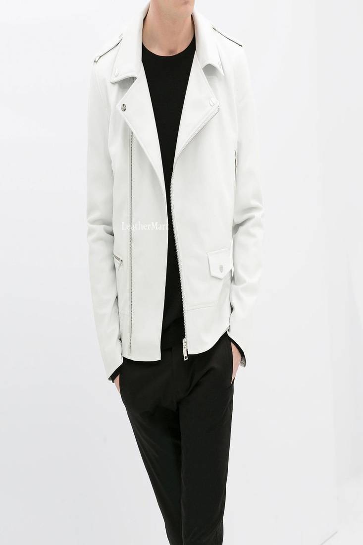 Men's white genuine lambskin leather motorcycle jacket slim fit designer men biker jacket-l193
